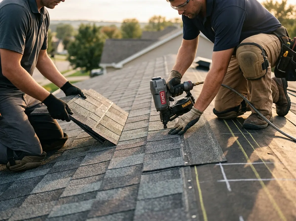 Professional roofer working on a residential roof in Shaw Heights